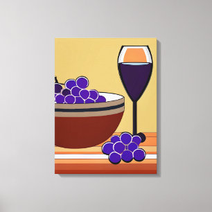 Druiven en Wijnglas in Maroon en Tan Canvas Afdruk