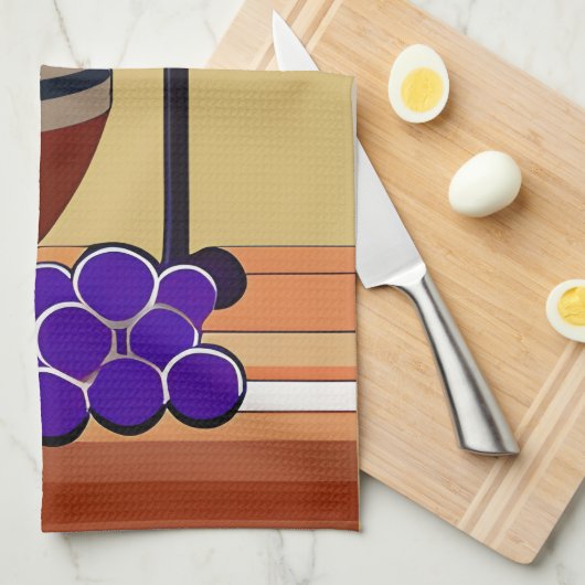 Druiven en Wijnglas in Maroon en Tan Theedoek (Quarter Fold)