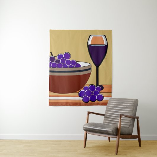 Druiven en Wijnglas in Maroon en Tan Wandkleed (In situ)