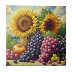 Druiven en Zonnebloemen Olieverfschilderij Tegeltje