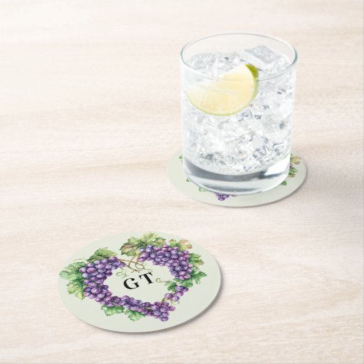 Druiven hart monogram initiaal ronde kartonnen onderzetter (Insitu)