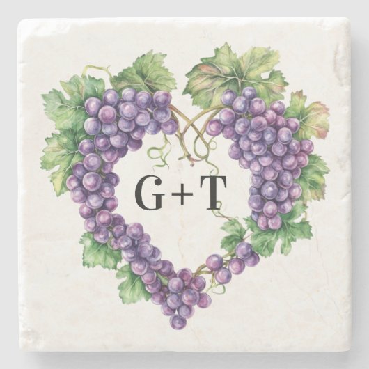 Druiven hart monogram initialen bruiloft stenen onderzetter (Voorkant)