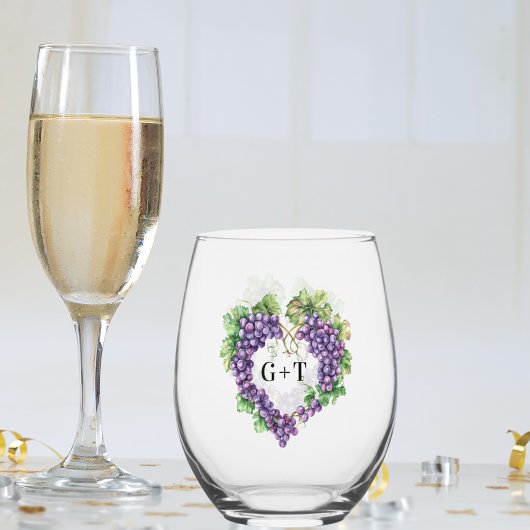 Druiven hart monogram initialen bruiloft wijnglas zonder voet