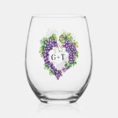 Druiven hart monogram initialen bruiloft wijnglas zonder voet (Voorkant)