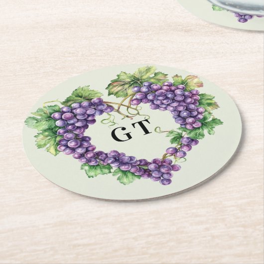 Druiven hart monogram initialen ronde kartonnen onderzetter (Gebogen)