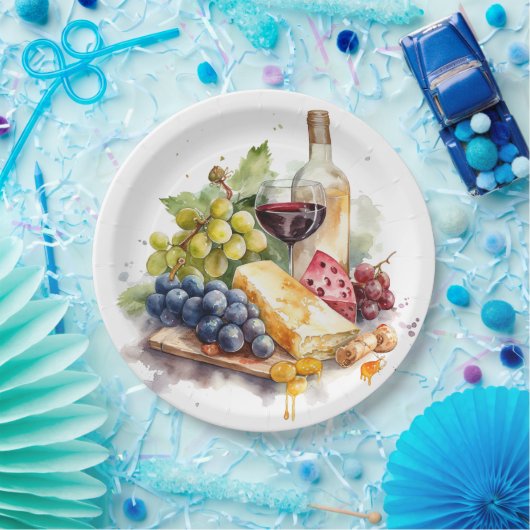 Druiven Kaas Wijn Glas Aquarel Papieren Bordje (Feest)