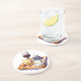 Druiven Kaas Wijn Glas Aquarel Zandsteen Onderzetter