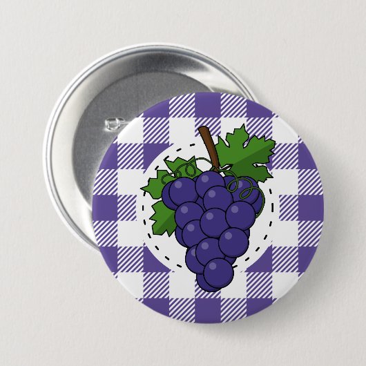 Druiven op wit violette geruite achtergrond ronde button 7,6 cm (Voorkant /achterkant)