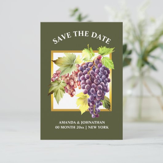 Druiven wijngaard wijnmakerij groen blauw gouden w save the date (Staand voorkant)