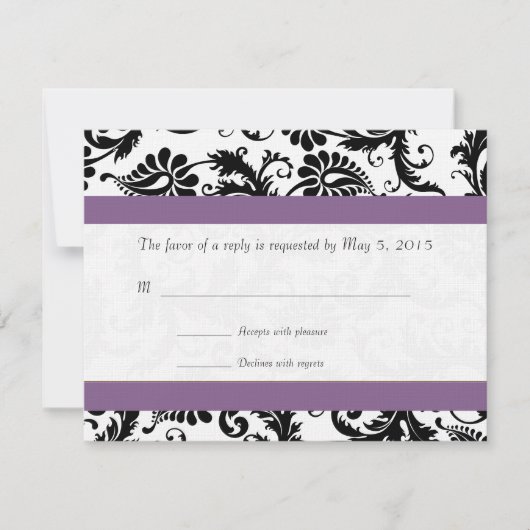 Druivenafwerking Zwart Damask Swirls Trouwantwoord RSVP Kaartje (Voorkant)