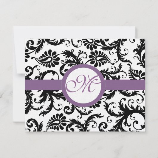 Druivenafwerking Zwart Damask Swirls Trouwantwoord RSVP Kaartje (Achterkant)