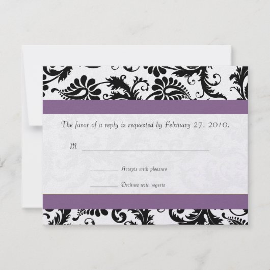 Druivenafwerking Zwart Damask Swirls Trouwantwoord RSVP Kaartje (Voorkant)