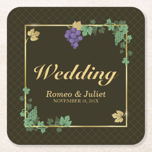 Druivenwijnstokken met Goud Lijst Trouwpapier Onde Kartonnen Onderzetters (Voorkant)