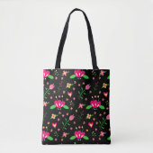 Druk bloempatroon op zwart tote bag (Voorkant)