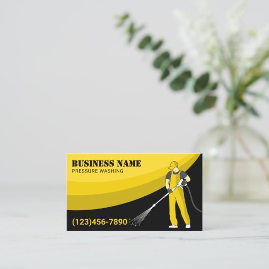 Druk op de wasmachine Was zwart geel reinigen Visitekaartje (Staand voorkant)