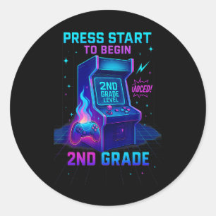 Druk op Start 2e leerjaar Gamer Kids Level Up Fun Ronde Sticker
