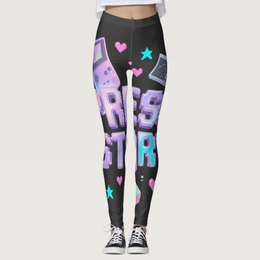 Druk op Start Y2K Retro Gaming Arcade Chrome 90s G Leggings (Voorkant)
