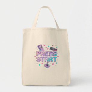 Druk op Start Y2K Retro Gaming Arcade Chrome 90s G Tote Bag