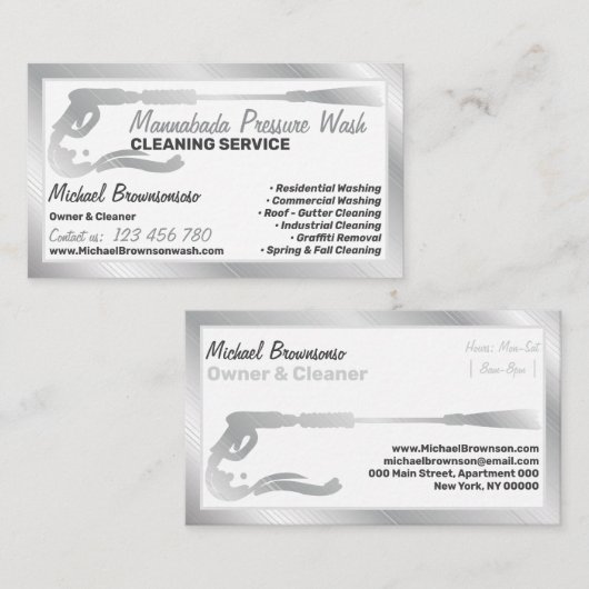 Druk Waskracht Wassen Reiniging Zilver Visitekaartje (Voorkant / Achterkant)