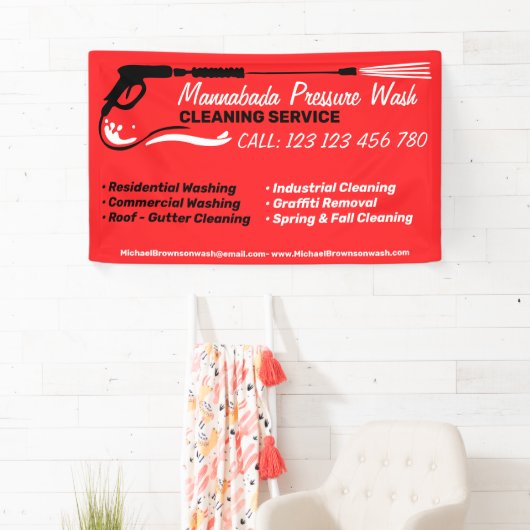 Druk wassen rood Power Wash Cleaner Shop Spandoek (Insitu)