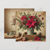 Drukbare rustieke vintage kerstpunsettia kaart (Voorkant / Achterkant)