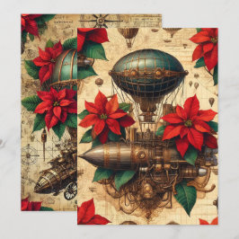 Drukbare Steampunk Airship met Poinsettia Kaart