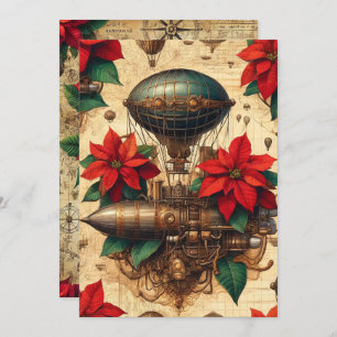 Drukbare Steampunk Airship met Poinsettia Kaart