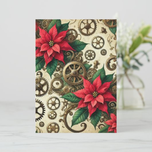 Drukbare Steampunk Cogs and Gears met Poinsettia Kaart (Staand voorkant)