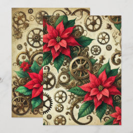 Drukbare Steampunk Cogs and Gears met Poinsettia Kaart