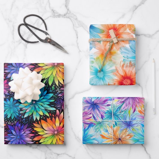 Drukke Bloemen Tie Dye patroon set 3 Inpakpapier Vel (Voorkant)