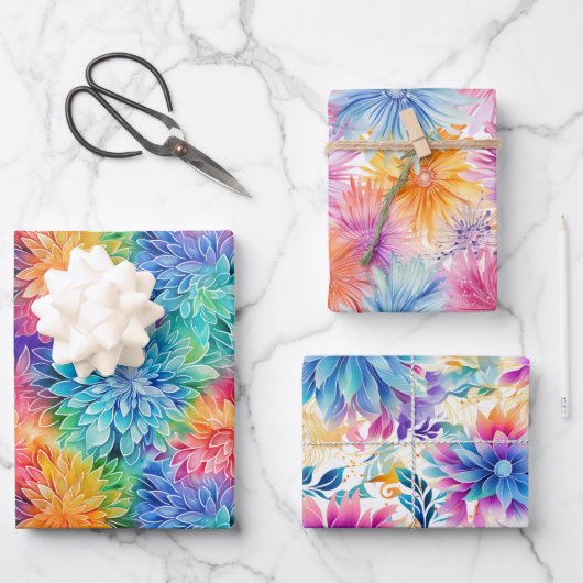 Drukke Floral Tie Dye patroon set 6 Inpakpapier Vel (Voorkant)