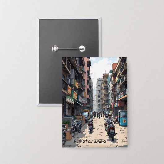 Drukke straat van het centrum van Kolkata, India Button (Voorkant / Achterkant)