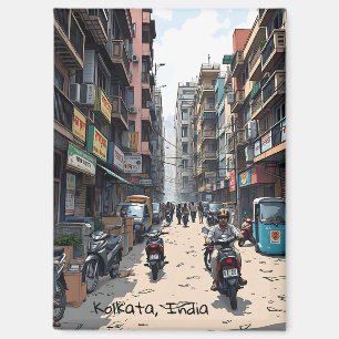Drukke straat van het centrum van Kolkata, India Magneet