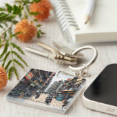 Drukke straat van het centrum van Kolkata, India Sleutelhanger (Voorkant Rechts)