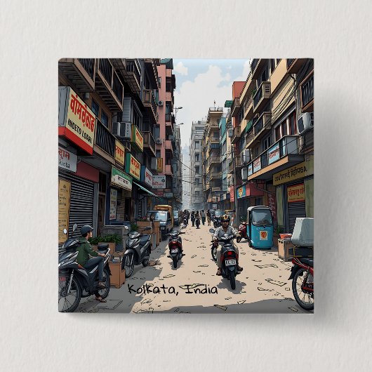 Drukke straat van het centrum van Kolkata, India Vierkante Button 5,1 Cm (Voorkant)