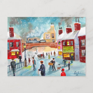 Drukke straatscene wintertrein olieverfschilderij briefkaart