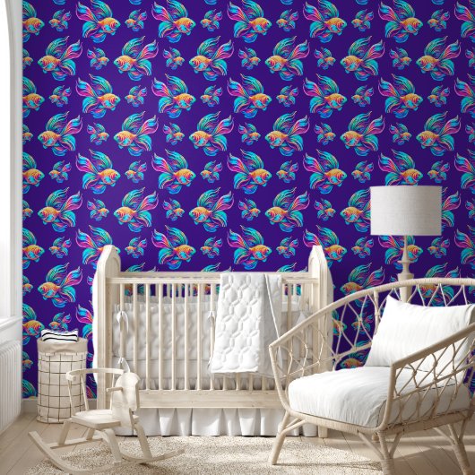 Drukke vissen diep blauw behang (Kinderen)