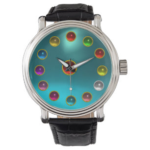 DRUKTE 3D RODE RUBY EN KLORFUL GEMSTONES, blauw Horloge