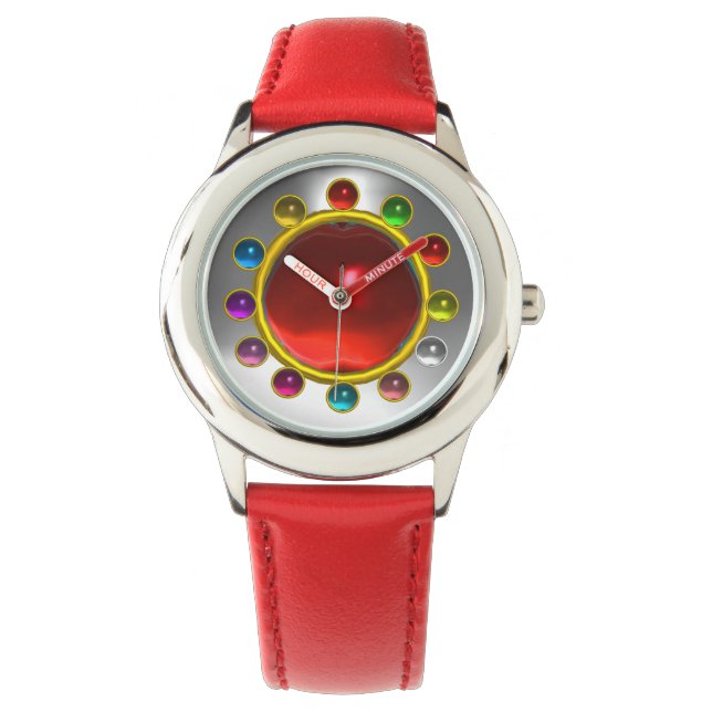 DRUKTE 3D RODE RUBY EN KLORFUL GEMSTONES HORLOGE (Voorkant)