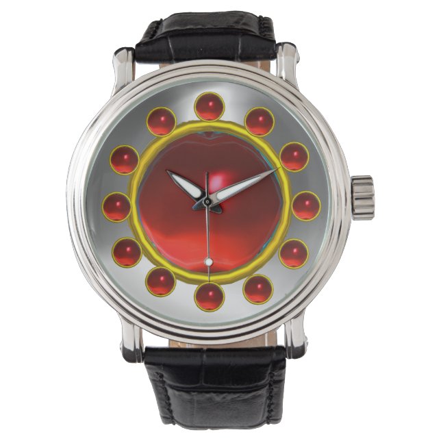 DRUKTE 3D RODE RUBY- EN WITTE GEMSTONEN HORLOGE (Voorkant)