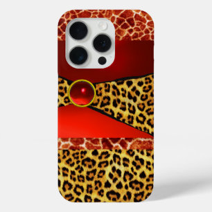 DRUKTE GIRAFFE LEOPARD HUID ROOD RUBY GEMSTONE iPhone 15 PRO CASE