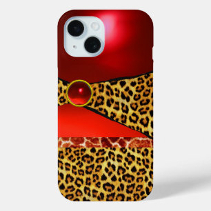 DRUKTE GIRAFFE LEOPARD HUID ROOD RUBY GEMSTONE iPhone 15 CASE
