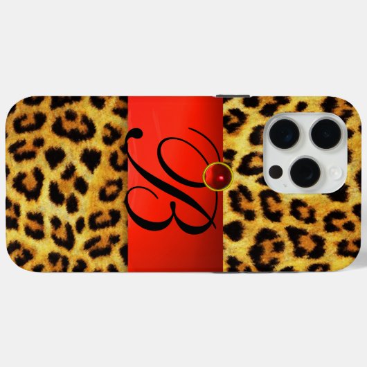 DRUKTE LEOPARD FUR RED RUBY GEMSTONE MONOGRAM, Case-Mate iPhone CASE (Achterkant (horizontaal))