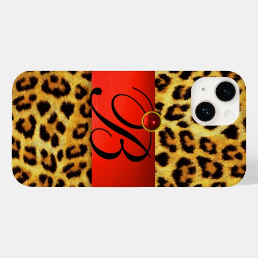 DRUKTE LEOPARD FUR RED RUBY GEMSTONE MONOGRAM, Case-Mate iPhone CASE (Achterkant (horizontaal))