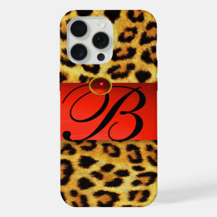 DRUKTE LEOPARD FUR RED RUBY GEMSTONE MONOGRAM, iPhone 15 PRO MAX HOESJE