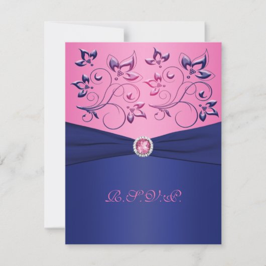 DRUKTE RIBBON Navy, Roze Floral RSVP-kaart RSVP Kaartje (Voorkant)