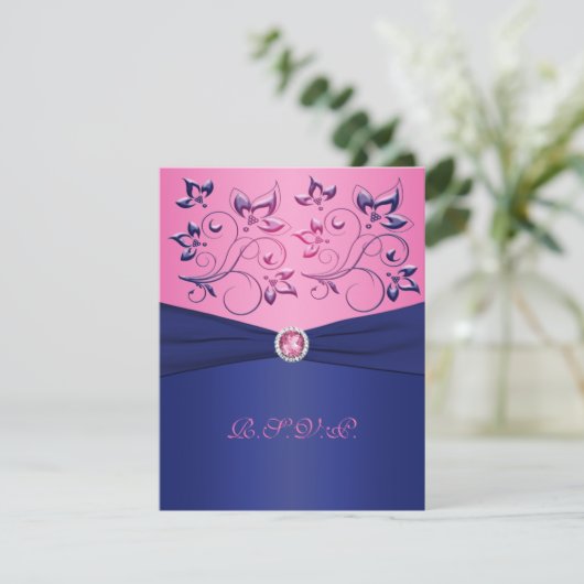 DRUKTE RIBBON Navy, Roze Floral RSVP-kaart RSVP Kaartje (Staand voorkant)