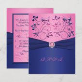 DRUKTE RIBBON Navy, Roze Floral RSVP-kaart RSVP Kaartje (Voorkant / Achterkant)