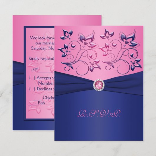 DRUKTE RIBBON Navy, Roze Floral RSVP-kaart RSVP Kaartje (Voorkant / Achterkant)