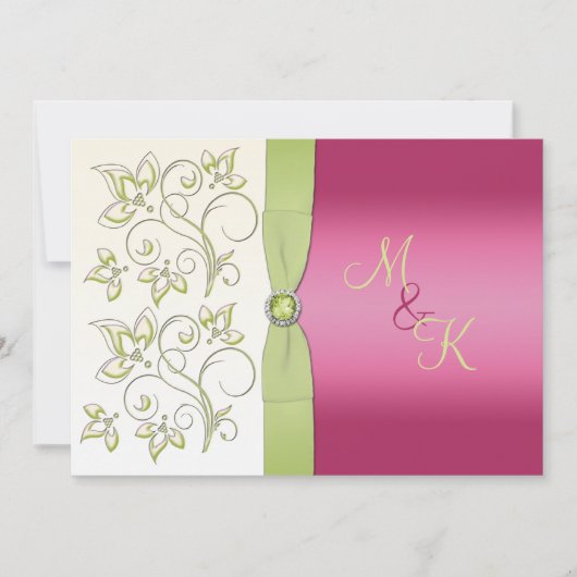 DRUKTE RIBBON Pink Green Floral Monogram Invite Kaart (Voorkant)